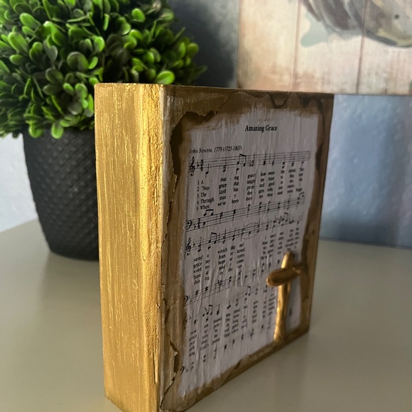 Amazing Grace Hymn With Cross Art Wood Block 6 In X 6 In Textured Art Handmade - Picture 2 of 5